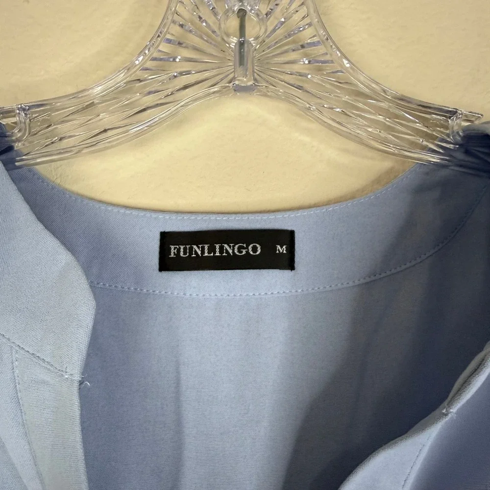 FUNLINGO Blouse Women Medium Blue V-Neck Button Short Sleeve Pleated Back Top